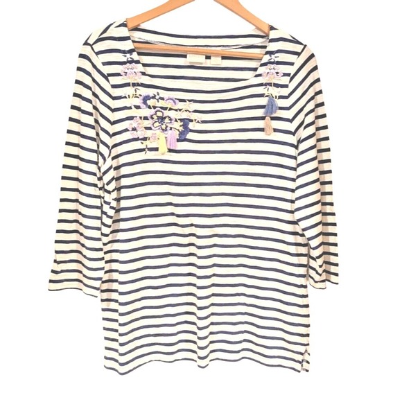 Chicos Women's 3/4 Sleeve Striped Tunic Top‎ w/ Floral Embroidery & Tassels - Picture 1 of 6